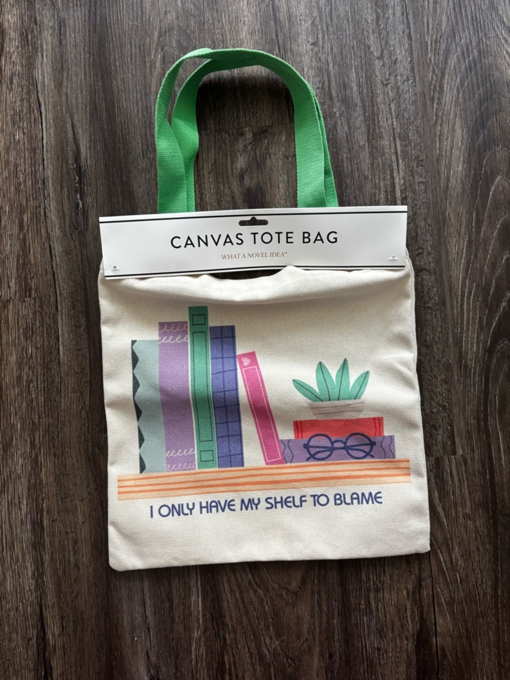 Canvas Tote Bag with Book Shelf Print — Green Handles